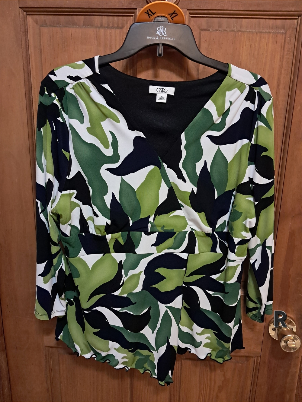 Cato Green, Black & White Camouflage Wrap Blouse